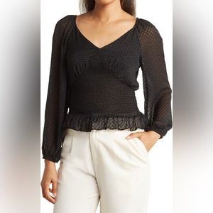 DR2 Top‎ Blouse Rectangle Clip Dot Smocked Waist Blouse femininity Black Medium